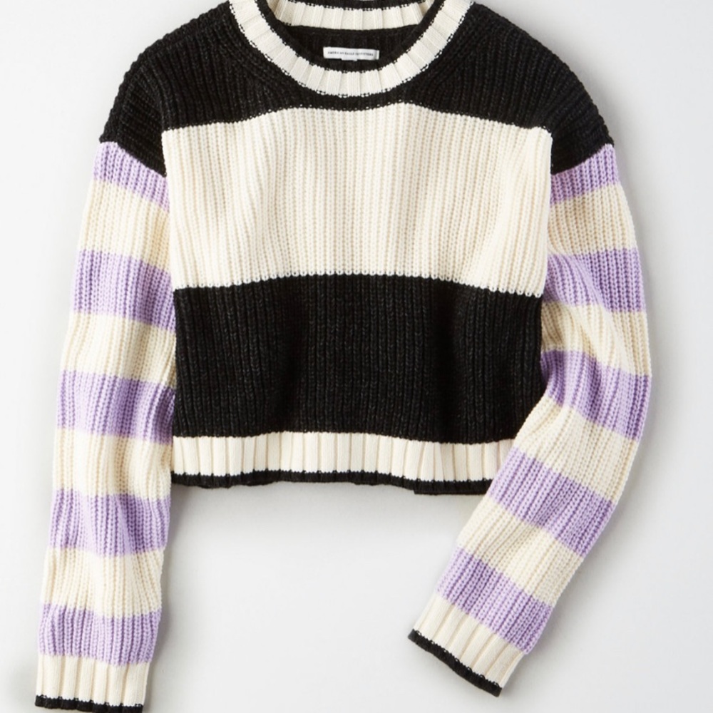 American Eagle striped knit crew neck cropped sweater black white purple - Picture 1 of 7